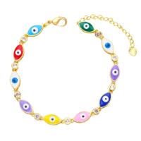 Bracelet Evil Eye bijoux, laiton, avec 1.97 chaînes de rallonge, Mauvais œil, Placage de couleur d'or, pavé de micro zircon & émail, plus de couleurs à choisir, protéger l'environnement, sans nickel, plomb et cadmium, 15x6mm, Longueur 7.20 pouce, Vendu par PC