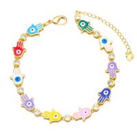 Bracelet Evil Eye bijoux, laiton, avec 1.97 chaînes de rallonge, Placage de couleur d'or, pavé de micro zircon & émail, plus de couleurs à choisir, protéger l'environnement, sans nickel, plomb et cadmium, 14x9mm, Longueur 7.20 pouce, Vendu par PC