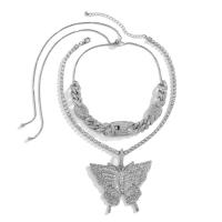 Zinc Alloy smykker halskæde, Butterfly, platin farve forgyldt, 2 stykker & for kvinde & med rhinestone, 80cm,35cm, Solgt af sæt