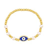 Bracelet Evil Eye bijoux, laiton, avec perle de plastique, Placage de couleur d'or, bijoux de mode & émail, plus de couleurs à choisir, protéger l'environnement, sans nickel, plomb et cadmium, 14x9mm, Longueur 6.69 pouce, Vendu par PC