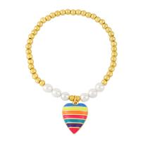 Messing Armbanden, met Plastic Pearl, Hart, gold plated, mode sieraden & glazuur, meer kleuren voor de keuze, nikkel, lood en cadmium vrij, 19x14mm, Lengte 6.69 inch, Verkocht door PC