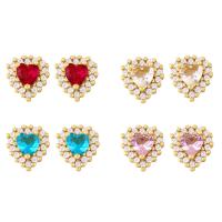 Cubic Zircon ( CZ ) Stud Earring, Mässing, Hjärta, guldfärg pläterade, micro bana cubic zirconia, fler färger för val, nickel, bly och kadmium gratis, 10x9mm, Säljs av Par