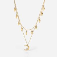 Colar de Multi camada da forma, aço inoxidável, with 1.96inch extender chain, Lua, Banhado a ouro 14K, Camada Dupla & micro pavimento em zircônia cúbica & para mulher, 14.50mm, comprimento Aprox 16.5 inchaltura, Aprox 14.1 inchaltura, vendido por PC