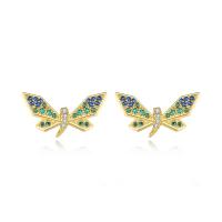 Messing Stud Earring, Dragonfly, guldfarve belagt, Micro Pave cubic zirconia & for kvinde, 17.50x9.20mm, Solgt af par