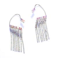 Fashion Fringe Boucles d'oreilles, alliage de zinc, glandpompon, Placage de couleur argentée, pour femme & avec strass, 40x120mm, Vendu par paire