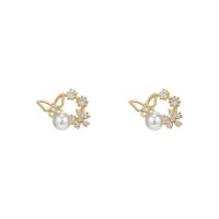 Boucles d'oreilles en laiton zircon cubique pavent, avec Plastique ABS perle, fade et jamais plaqué de haute qualité, bijoux de mode & pavé de micro zircon & pour femme, doré, 20x10mm, Vendu par paire