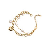 Tíotáiniam Cruach Bracelet, Cruach Tíotáiniam, le Pearl Plaisteacha, Croí, plátáilte, do bhean, órga, Fad 19 cm, Díolta De réir PC