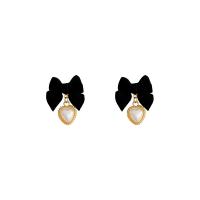 Boucles d'oreilles en alliage de zinc, avec velours de coton, Noeud papillon, fade et jamais plaqué de haute qualité, bijoux de mode & pour femme, noire, 31x29mm, Vendu par paire