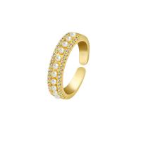 Strass vinger Ring, Messing, met Plastic Pearl, gold plated, verstelbaar & voor vrouw & met strass, nikkel, lood en cadmium vrij, Maat:6-8, Verkocht door PC