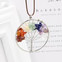 Boom Van Leven Ketting, Edelsteen, met lederen koord & Messing, met 1.97Inch extender keten, Tree of Life, platinum plated, uniseks, gemengde kleuren, 50x50mm, Lengte Ca 17.72 inch, Verkocht door PC