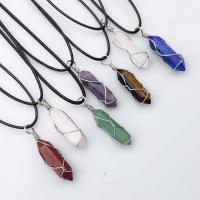 Natural Gemstone Necklace with leather cord & Brass platinum color plated random style & Unisex mixed colors Length Approx 17.72 Inch Sold By PC