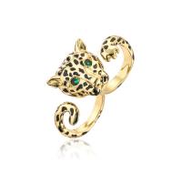 Mässing Dubbel kedja länk Fingerring, Leopard, guldfärg pläterade, Justerbar & micro bana cubic zirconia & för kvinna, Hål:Ca 1.5mm, Säljs av PC