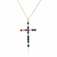 Collana in ottone di stesa Micro zircone cubico, Croce, placcato color oro, Micro spianare cubic zirconia & per la donna, multi-colore, 35x60mm, Lunghezza Appross. 17.71 pollice, Venduto da PC