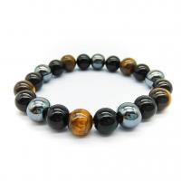 Edelsteen armbanden, Tiger Eye, met Black Stone & Hematiet, Ronde, elastische & uniseks & verschillende grootte voor keus, gemengde kleuren, Lengte Ca 7.48 inch, Verkocht door PC