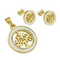 Parures de bijoux en acier inoxydable, Boucle d’oreille stud & pendentif, avec coquille, Placage de couleur d'or, pour femme & creux, 18*21mm,13*13mm, Vendu par fixé