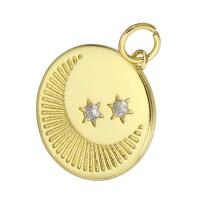 Cúbicos Circonia Colgante Latón Micro pavimenta, metal, Redondo aplanado, chapado en color dorado, micro arcilla de zirconia cúbica, 19x22x2mm, agujero:aproximado 4mm, Vendido por UD