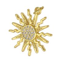 Kubni cirkonij Micro Pave Brass Privjesak, Mesing, Sunce, zlatna boja pozlaćen, micro utrti kubni cirkonij, 17x19x2mm, Rupa:Približno 3mm, Prodano By PC