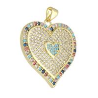 Cubique Pendentif en laiton zircon pavent, coeur, Placage de couleur d'or, DIY & pavé de micro zircon, multicolore, 25x26.50x3mm, Trou:Environ 2mm, 10PC/lot, Vendu par lot