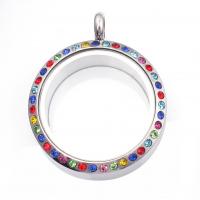 Floating Charms Pendant 304 Stainless Steel with Glass Round Vacuum Ion Plating Unisex & with rhinestone 30mm Sold By PC