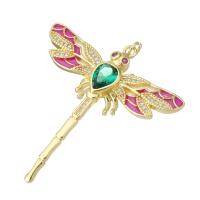 Messing hanger met micro-paved kubieke zirconia's, Dragonfly, gold plated, DIY & micro pave zirconia & glazuur, roze, 40x42.50x7mm, Gat:Ca 2mm, 10pC's/Lot, Verkocht door Lot