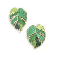 Pendientes de Perno de Aleación de Zinc, aleación de cinc aguja de pendiente, Hoja, chapado en color dorado, para mujer & esmalte, verde, libre de níquel, plomo & cadmio, 26x34mm, Vendido por Par