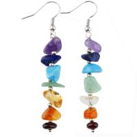 Gemstone Earrings, Cascalho natural, with ferro, cromado de cor prateada, joias de moda, cores misturadas, 60mm, vendido por par