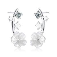 Boucles d'oreilles coquillage, laiton, avec coquille blanche, fleur, Plaqué de platine, pavé de micro zircon & pour femme, protéger l'environnement, sans nickel, plomb et cadmium, 8x22mm, Vendu par paire