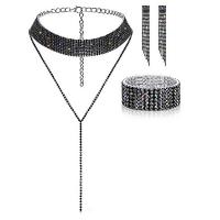 Strass-Schmuck-Sets, Armband & Ohrring & Halskette, Messing, mit Verlängerungskettchen von 6inch, plattiert, drei Stücke & für Frau & mit Strass, schwarz, frei von Nickel, Blei & Kadmium, 98mm, 50mm, Länge ca. 8.6 ZollInch, verkauft von setzen