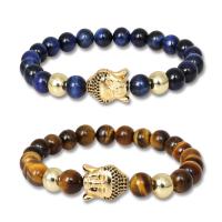 Přírodní Tiger Eye Náramky, Tygří oko, s Mosaz, Kolo, barva pozlacený, unisex & radiační ochrany & micro vydláždit kubické zirkony, více barev na výběr, 8mm, Délka Cca 7.09 inch, Prodáno By PC