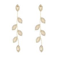 Boucles d'oreilles en laiton zircon cubique pavent, feuille, Plaqué d'or 14K, pavé de micro zircon & pour femme, protéger l'environnement, sans nickel, plomb et cadmium, 75mm, Vendu par paire