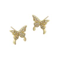 Boucles d'oreilles en laiton zircon cubique pavent, papillon, Placage de couleur d'or, bijoux de mode & pavé de micro zircon & pour femme, doré, 12.50x10x14mm, 10pairescouple/lot, Vendu par lot