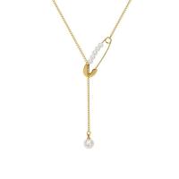 Colar de aço titânio, Partículas de aço, with Shell Pearl, with 1.57Inch extender chain, Pino de kilt, unissex, dourado, 34x10mm,50mm, comprimento Aprox 17.72 inchaltura, vendido por PC