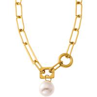 Collier d'acier titane, avec Shell Pearl, avec 1.97Inch chaînes de rallonge, Rond, pour femme, doré, 14mm, Longueur Environ 16.14 pouce, Vendu par PC