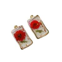 Zinc Alloy Pendants with Dried Flower & Gold Foil & Plastic Pearl Rectangle gold color plated Unisex & epoxy gel red nickel lead & cadmium free Approx Sold By Bag