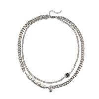 Collier d'acier titane, avec Plastique ABS perle & alliage de zinc, Double couche & unisexe & avec strass, argent, Vendu par PC