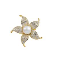 Zinklegering broches, Zinc Alloy, met Plastic Pearl, Bloem, gold plated, micro pave zirconia & voor vrouw, nikkel, lood en cadmium vrij, 42mm, 10pC's/Lot, Verkocht door Lot