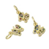 Cilindrata Zircone micro pavimenta il pendente di ottone, Farfalla, placcato color oro, Micro spianare cubic zirconia, multi-colore, 8x7x2mm, Foro:Appross. 3mm, Venduto da PC