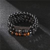 Gemstone Armbånd, Lava, med Abrazine Stone & Tiger Eye & Zinc Alloy, Runde, pistol sort belagt, Unisex & med rhinestone, sort, Længde Ca. 7.68 inch, Ca. 3pc'er/sæt, Solgt af sæt