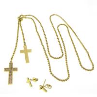 Titantium acciaio set di gioielli fashion, Orecchino a bottone & Collana, Croce, Regolabile & per la donna & con strass, nessuno, 12.8x23.5mm,10.4x7.3mm, Lunghezza Appross. 28.35 pollice, Appross. 2PC/set, Venduto da set