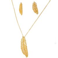 Partículas de acero Conjunto de joya, Pluma, para mujer, dorado, 11.3x30.5mm,18x49mm, longitud aproximado 17.72 Inch, aproximado 2PCs/Set, Vendido por Set