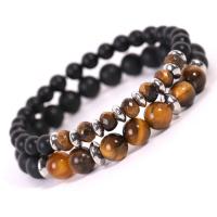 Gemstone Bracelets Black Agate with Labradorite & Tiger Eye Round & Unisex 8mm 6mm Length Approx 7 Inch Sold By Set