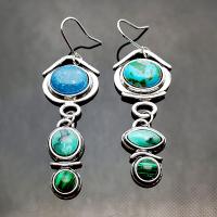 Boucles d'oreilles en pierres précieuses, alliage de zinc, avec Malachite & turquoise synthétique, Plaqué de couleur d'argent, Vintage & pour femme, vert, protéger l'environnement, sans nickel, plomb et cadmium, 19x62mm, Vendu par paire