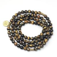 108 Mala perler, Tiger Eye, med Zinc Alloy, Runde, guldfarve belagt, Unisex, gul, 8mm,14mm, Ca. 108pc'er/Strand, Solgt af Strand