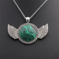 Collier bijoux de pierre gemme, laiton, avec Malachite & alliage de zinc, forme d'aile, Placage de couleur argentée, avec strass, vert, protéger l'environnement, sans nickel, plomb et cadmium, Longueur 15.75 pouce, Vendu par PC