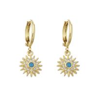 Boucles d'oreilles en laiton zircon cubique pavent, soleil, Placage de couleur d'or, pavé de micro zircon & pour femme, 25mm, Vendu par paire