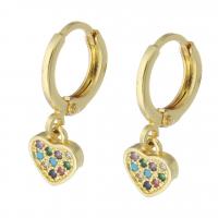 Boucles d'oreilles en laiton zircon cubique pavent, coeur, Placage de couleur d'or, pavé de micro zircon & pour femme, multicolore, 19mm, Vendu par paire