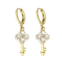 Boucles d'oreilles en laiton zircon cubique pavent, clé, Placage de couleur d'or, pavé de micro zircon & pour femme, multicolore, 32mm, Vendu par paire