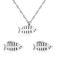 Nerezová ocel šperky Soupravy, Stud náušnice & náhrdelník, 304 Stainless Steel, Fish Bone, 2 kusy & módní šperky & pro ženy, více barev na výběr, 11x5mm, Délka Cca 17.72 inch, Prodáno By nastavit