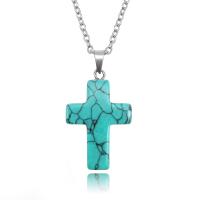 Gemstone šperky náhrdelník, Drahokam, s Přírodní Quartz & Syntetický Turquoise, Kříž, módní šperky & různé materiály pro výběr & unisex & oválný řetězu, více barev na výběr, 18x5x25mm, Prodáno za Cca 50 cm Strand