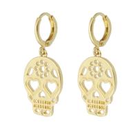 Messing Huggie Hoop Drop Earring, Skull, guldfarve belagt, for kvinde & hule, 35mm, Solgt af par